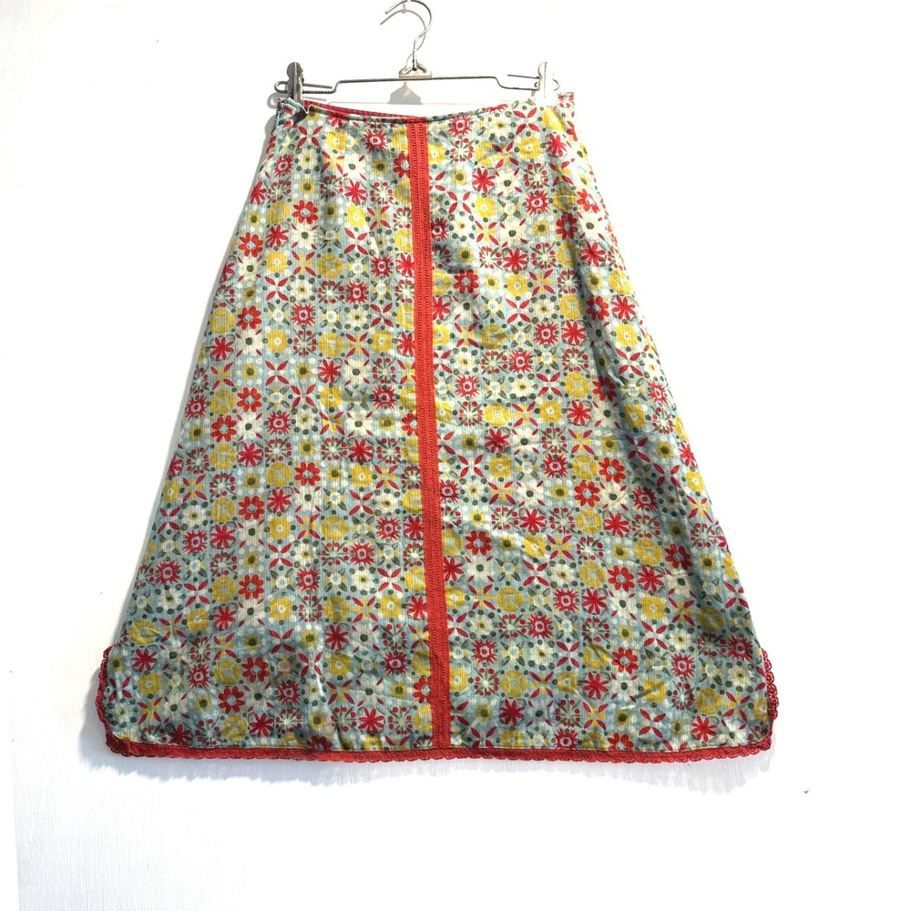 Vtg 90s Jocomomola Floral Corduroy A-Line Midi Skirt Blue Red Lace Trim 40